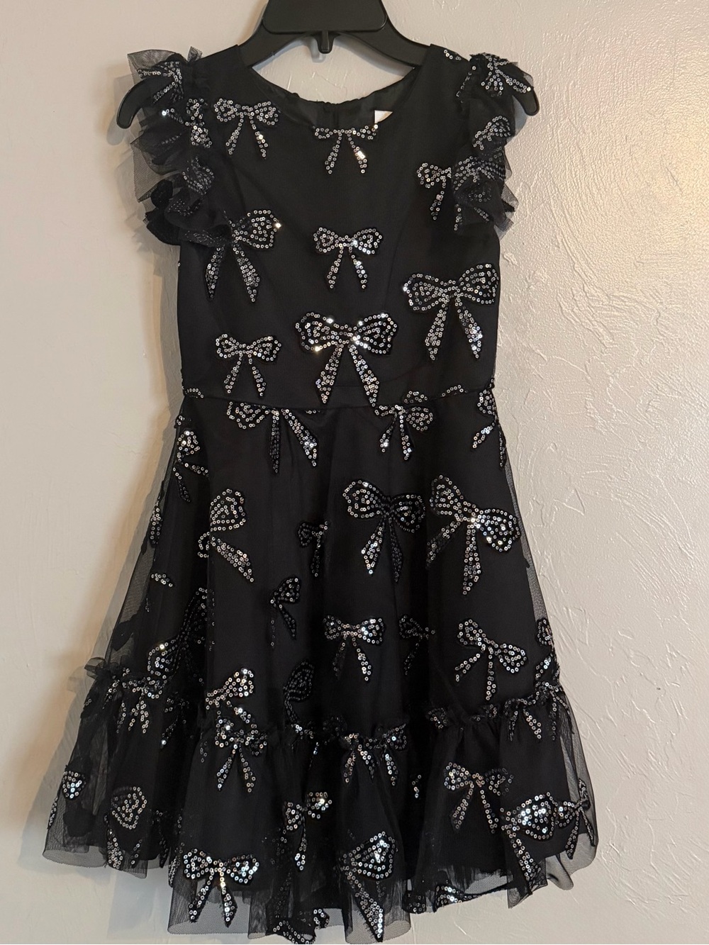 Rare Editions Black Sequin Bow Tulle Dress for Girls